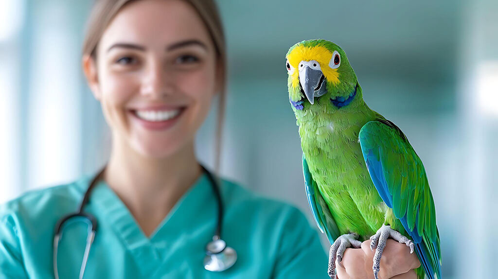 Veterinaria sonriente con uniforme verde sostiene un loro verde y amarillo en su mano, destacando el cuidado de aves exóticas.